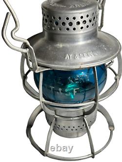 Vintage Dressel Railroad Lantern AT & SF Railway Corning Etched Blue Globe Mint