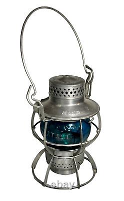 Vintage Dressel Railroad Lantern AT & SF Railway Corning Etched Blue Globe Mint