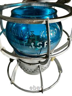 Vintage Dressel Railroad Lantern AT & SF Railway Corning Etched Blue Globe Mint