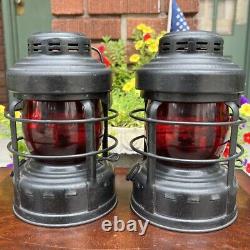 Vintage Embury Railroad Kerosene Lamp Pair No 25 Luck E Lite Red Glass Globe Tra