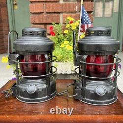 Vintage Embury Railroad Kerosene Lamp Pair No 25 Luck E Lite Red Glass Globe Tra