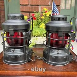 Vintage Embury Railroad Kerosene Lamp Pair No 25 Luck E Lite Red Glass Globe Tra