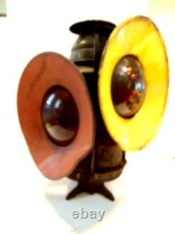 Vintage Handlan 4 sided railroad kerosene signal lamp reddish & amber lenses