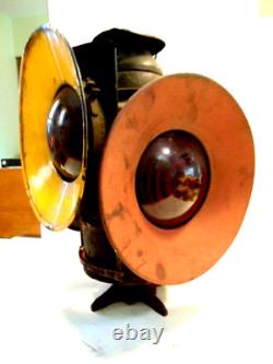 Vintage Handlan 4 sided railroad kerosene signal lamp reddish & amber lenses