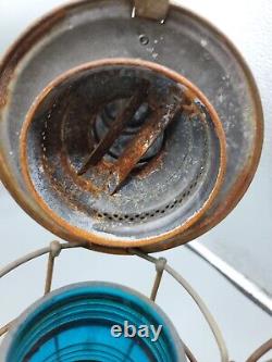 Vintage Railroad Lantern Adlake Kerosene Oil Cobalt blue glass globe metal 10