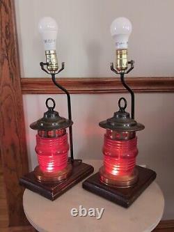 Vintage Railroad Lantern Lamp Set, Red Globe, Cooper Metal, Electric