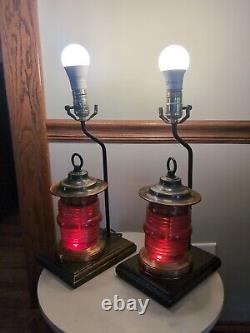 Vintage Railroad Lantern Lamp Set, Red Globe, Cooper Metal, Electric