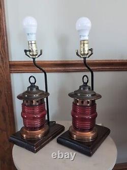 Vintage Railroad Lantern Lamp Set, Red Globe, Cooper Metal, Electric