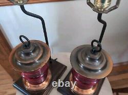 Vintage Railroad Lantern Lamp Set, Red Globe, Cooper Metal, Electric