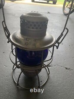 Vintage railroad lantern blue globe