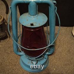 Wpa Blue Railroad Lantern Lamp With Red Glass Globe Vintage Collectible