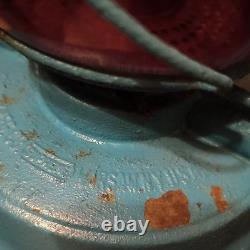 Wpa Blue Railroad Lantern Lamp With Red Glass Globe Vintage Collectible