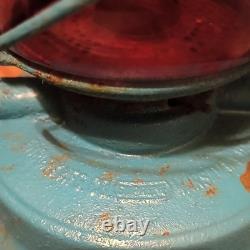 Wpa Blue Railroad Lantern Lamp With Red Glass Globe Vintage Collectible