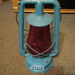 Wpa Blue Railroad Lantern Lamp With Red Glass Globe Vintage Collectible