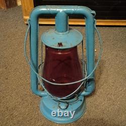 Wpa Blue Railroad Lantern Lamp With Red Glass Globe Vintage Collectible