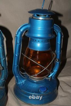 X2 Dietz Air Pilot No. 8 Amber Glass Globe Railroad Barn Oil Blue Lamp Lantern